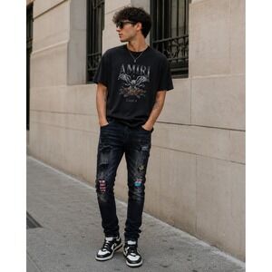 Amiri MX1 Denim Jeans $1080 Size 38 x 32 Patchwork Tie Dye Leather Distressed